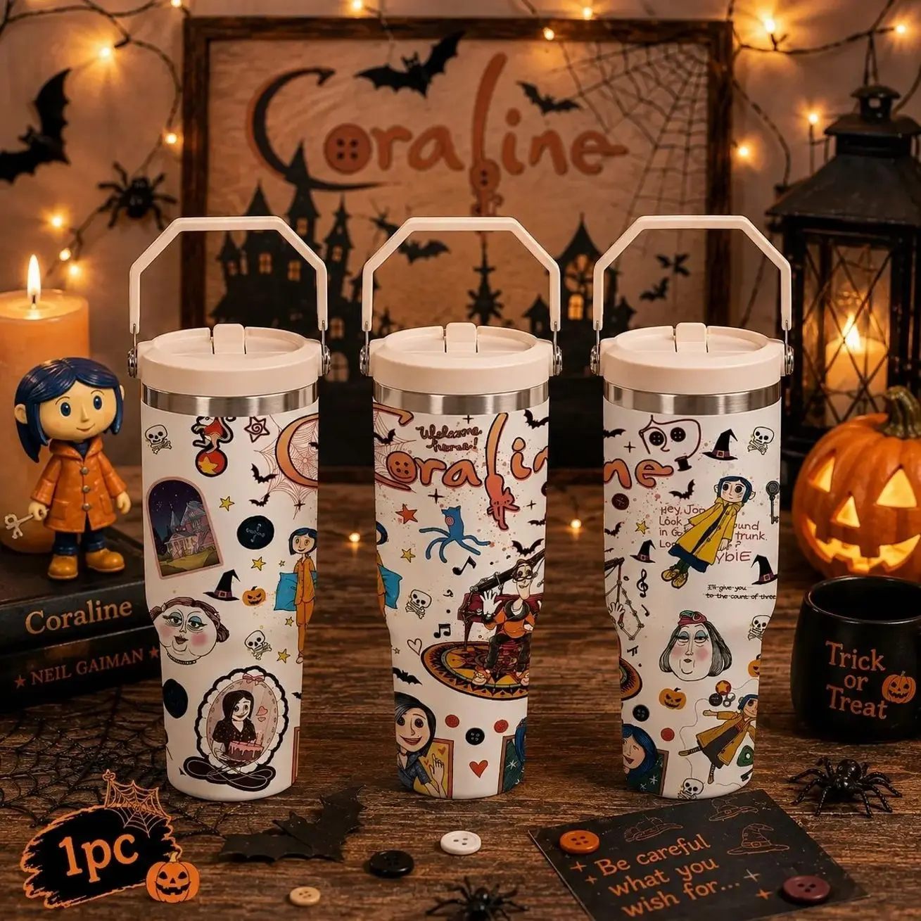 1pc 30oz Stainless Steel Tumbler with Lid and Straw, Coraline Dark Fantasy Cartoon Style, Vacuum Insulated Thermal Cup, Keep Hot 12H / Cold 24H, Creepy Cute Travel Mug for Movie Fans, Unique Gift for Horror Aesthetic Lovers and Animation Enthusiasts