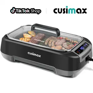 CUSIMAX 1500W Smokeless Indoor Electric Grill - Compact Korean BBQ with LED Display, Tempered Glass Lid, Non-Stick Removable Cooking Grill Plate, Turbo Smoke Extractor (Black New Model)