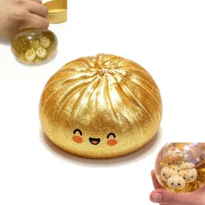 Gold Glitter Dumplings Squishy Toy Set, Kawaii Gold Bun Fidget Toy with 3 Mini Bun Accessories, Soft Slow Rising Sensory Squeeze Toy, Cute Stress Relief Desk Toy for Kids 3+, Teens & Adults, Party Favor Gift