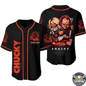 Characters Baseball Jersey, Wanna Play Chucky Shirt Personalized Custom Name Halloween Shirt Jerseys Breathable Men's Baseball Jersey 3D Printed Unisex Horror Tiffany and Chucky Outfit For Halloween Movie Gift Shirt Fan