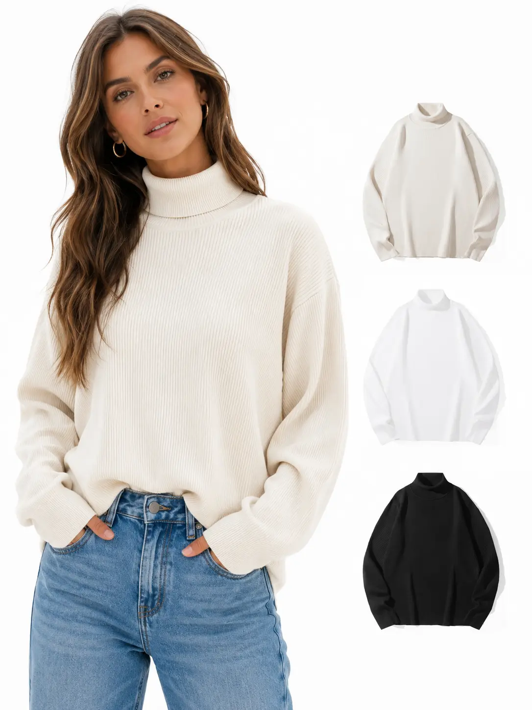 Women's Essential Thermal Ribbed Knit Turtleneck Sweater - Long-Sleeve Slim-Fit Soft Stretch Top, Chic Minimalist Elegance Piece for Everyday Layering