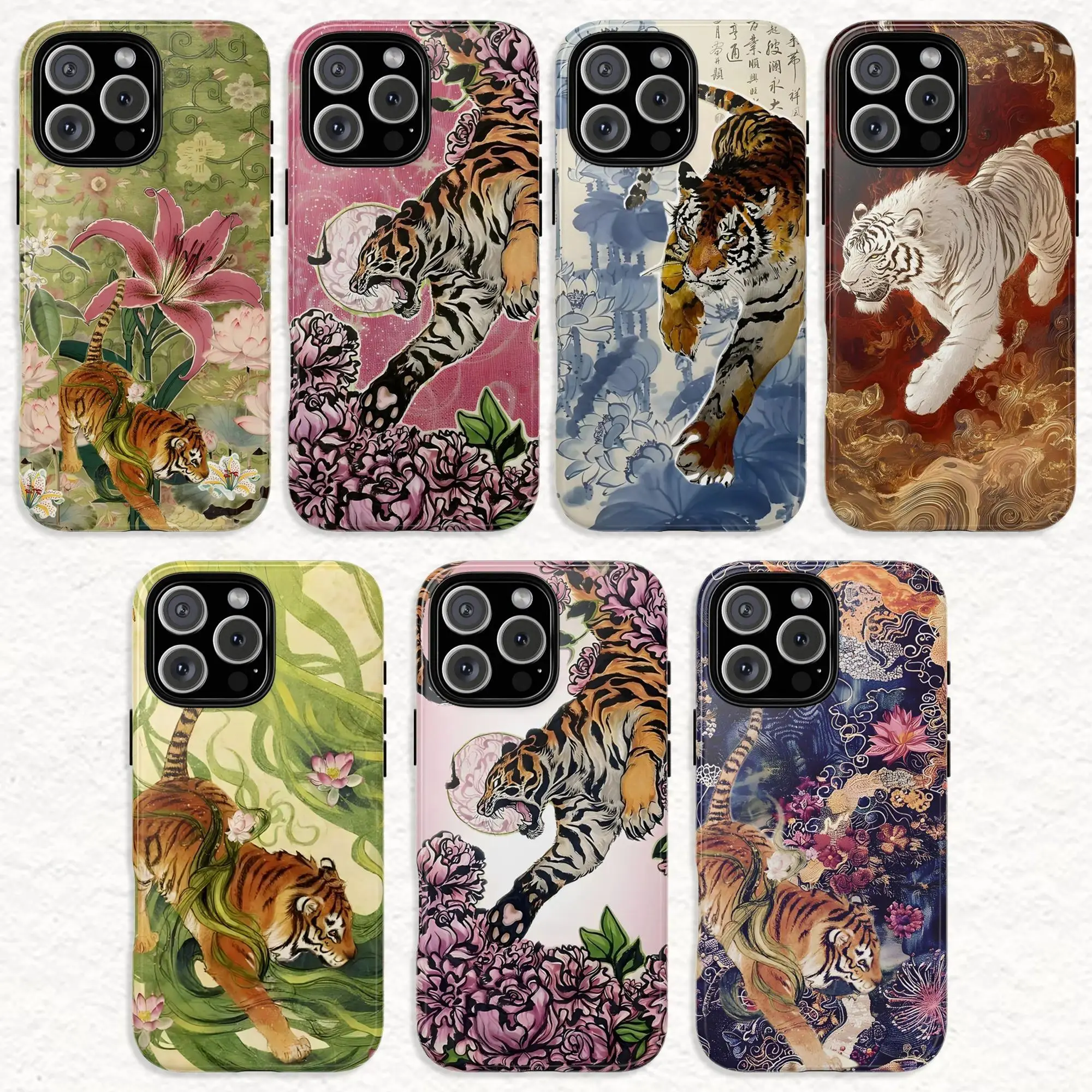 Vintage Chinese Tigers Phone Case, Cute Tiger Collage, Japanese Traditional Art Print Big Cat Case,phone Case Suitable for Iphone 11/12/13/14/15/16/17 Pro Promax Plus Air and Samsung S22/S23/S24/S25 Plus Ultra Fe