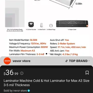 Laminator Machine Cold & Hot Laminator for Max A3 Size 3-5 mil Thickness