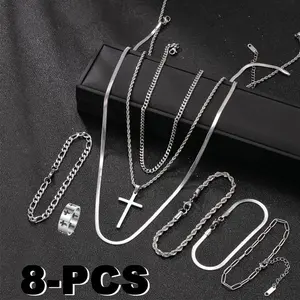 8pcs Fashionable Stainless Steel Jewelry Set for Men, Including Bracelets, Necklaces, And Rings - Perfect for Everyday Wear.
