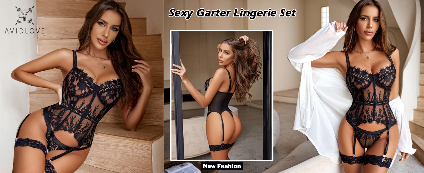 Avidlove Women's Lace Bodysuit Set Bridal Lingerie 4-Piece with Garter Belt and Adjustable Straps, Sleeveless Summer Thin Style, S-XXL (Note: Fits small; please refer to standard size chart for selection) SpringStatements