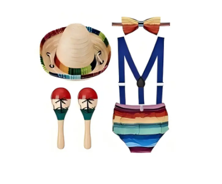 Geyoga Cinco De Mayo Men's Mexican Sombrero Costume Set, Adult Party Outfit with Suspender, Tie, Hat and Wood Rumba Shakers for Festival Cosplay (Blue)
