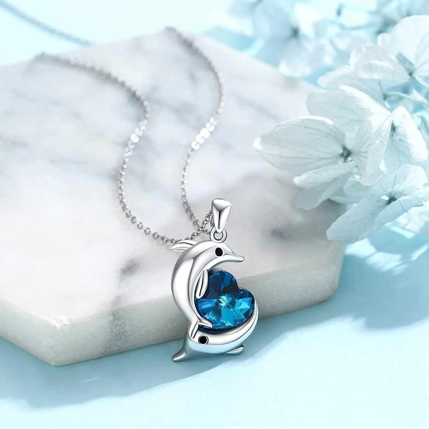 Women's Elegant Double Dolphin Embrace Blue Cubic Zirconia Heart Alloy Pendant Statement Necklace - Animal Graphic Necklaces, Ocean-Inspired Costume Jewelry, Perfect Birthday Gift