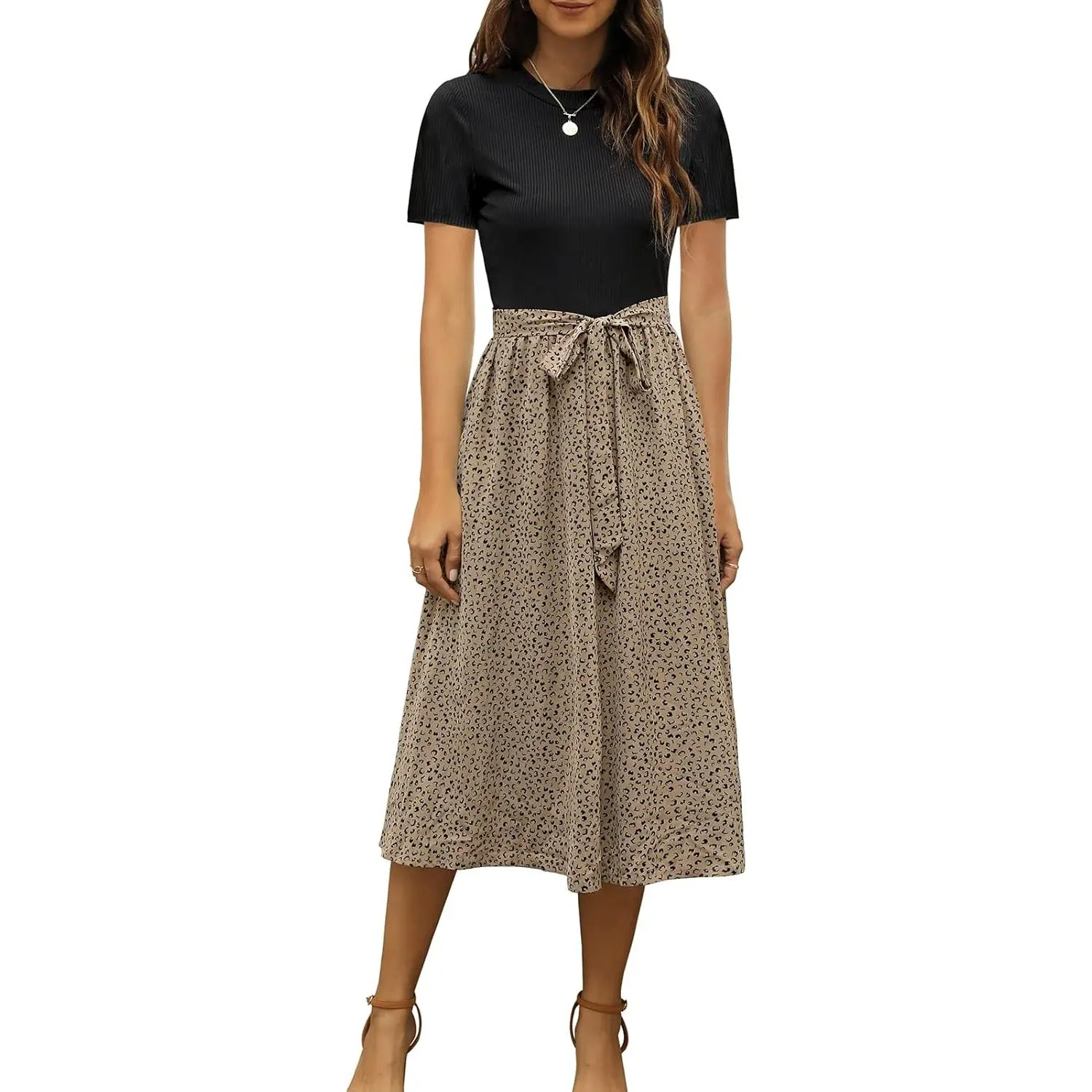 Women's 2025 Summer Fashion Short-Sleeve Ribbed Midi Dress, Lady's Modest Casual Wear Clothes for Business, Church, Teacher Work Outfits, Shortsleeve, Teacher Clothes, Trendy Teacher Clothing