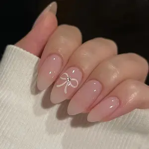 New Cute Bow Nail Art, Detachable Almond Shape Medium Length Nails, Glossy Finish, Multi-Pack, Suitable for All Women