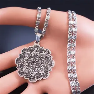 Vintage Mandala Flower of Life Pendant Necklace Women Men Stainless Steel Bohemian Necklaces Amulet Jewelry collar mujer 599-1