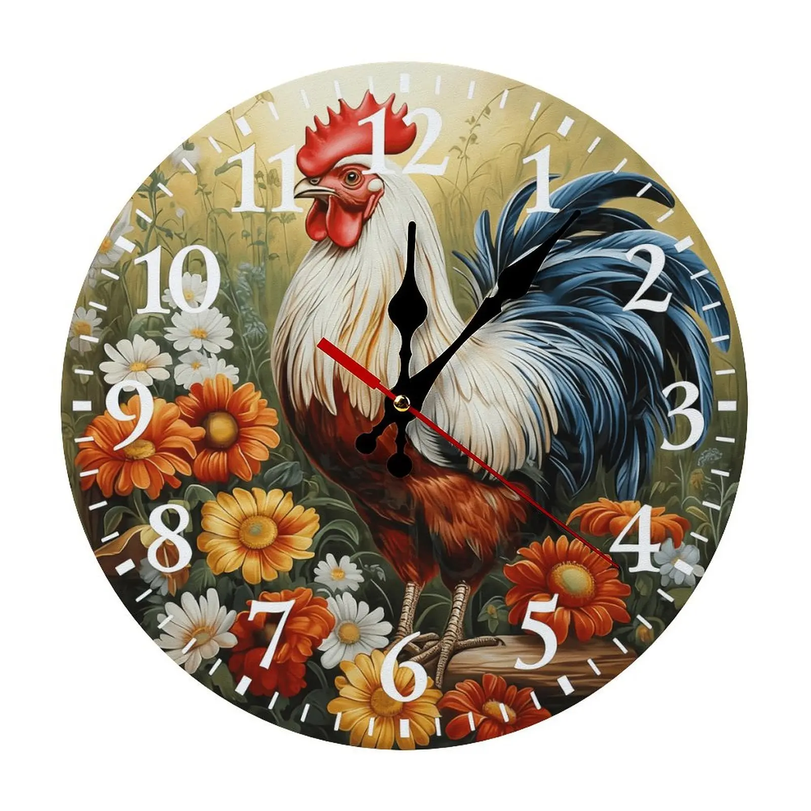 10/12 in Ultra-Quiet Analog Wooden Wall Clock - Decorative Hangable Retro Quartz Home Decor, Rooster Birds & Wildflower Design with Sunflower Accent, Rustic Farmhouse Room Decor for Kitchen/Living Room, No Battery Included