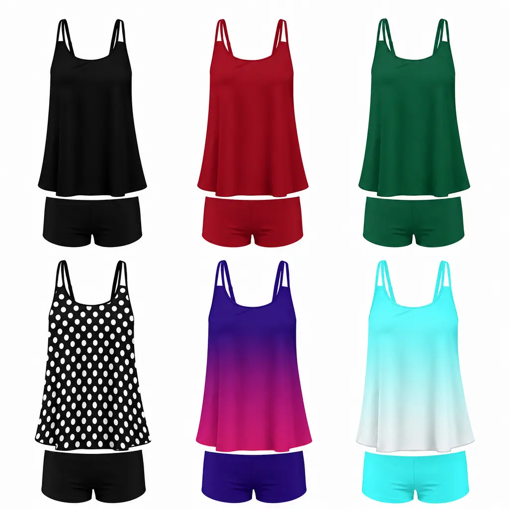 Women's 2-Piece Quick-Dry Nylon Blend Swimdress Set - Plain, Gradient, Polka Dot Prints, Skirt Top & Boxer Swim Trunks - Beach, Pool, Hot Springs, Diving Wear