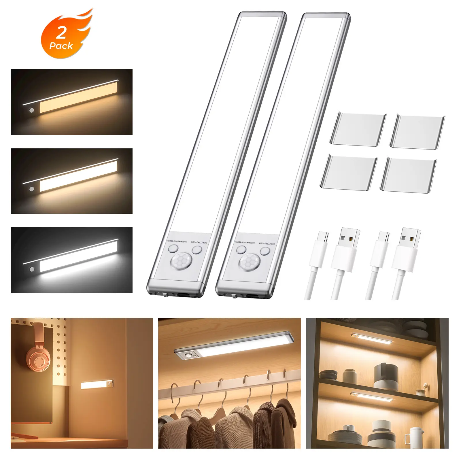 [NEW] Modern LED Strip Fixtures - Home Lighting Interior Dimmable Lights, 1500mAh USB Rechargeable Magnetic Under-Cabinet Lights with Automated Brightness for Kitchen, Stairs, Interior Led Lights