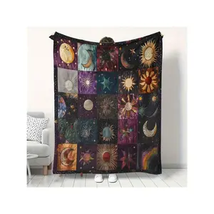 Vintage Boho Mystical Celestial Patchwork Quilt Blanket, Retro Sun Moon Star Print Soft Cozy Decorative Throw Blanket for Sofa Bed Home Decor