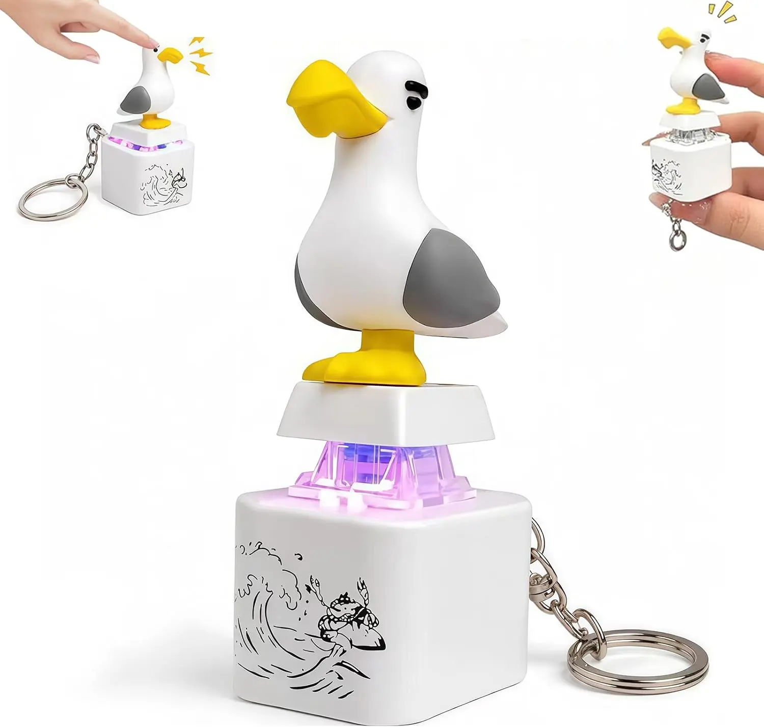 Cute Seagull Mine Button Keychain Press Pop Up Seagull Figure with Flashing Light Funny Fidget Button Keyring
