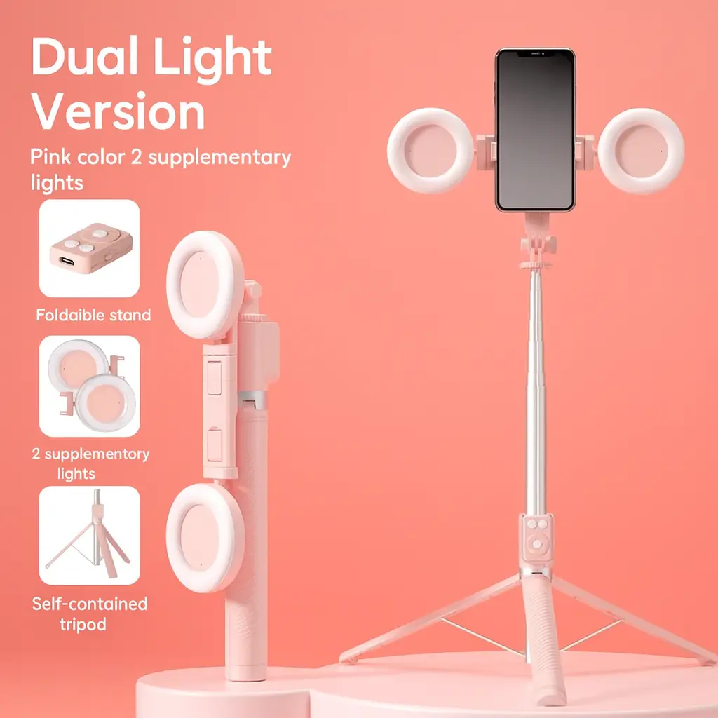 Selfie Stick Tripod for IPhone with Dual Fill Lights and Bluetooth remote control. adjustable Retractable Portable Selfie Stick tripod. Compatible with Apple and Android  smartphone. Suitable for live streaming, traveling and recording life.