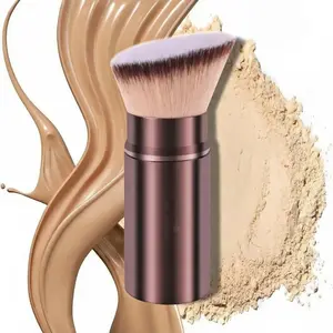 Retractable Kabuki Brush for Liquid & Powder Foundation – Flat Top Dense Makeup Brush for Blush, Contour & Cream – Travel Size Portable Face Brush with Cap