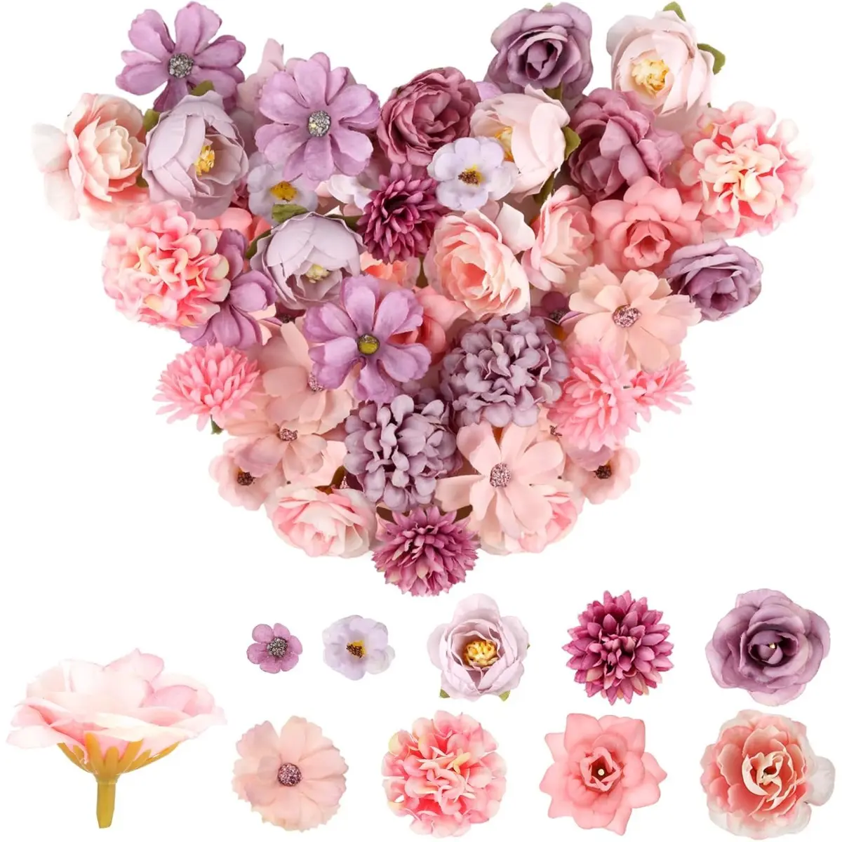 40-Pcs Colorful Hollow Plastic-Silk Mini Artificial Rose Flower Heads - 9-Style Sewing Accessories for Weddings, Room Decor, Kitchen, Bedroom, Novelty DIY Crafts