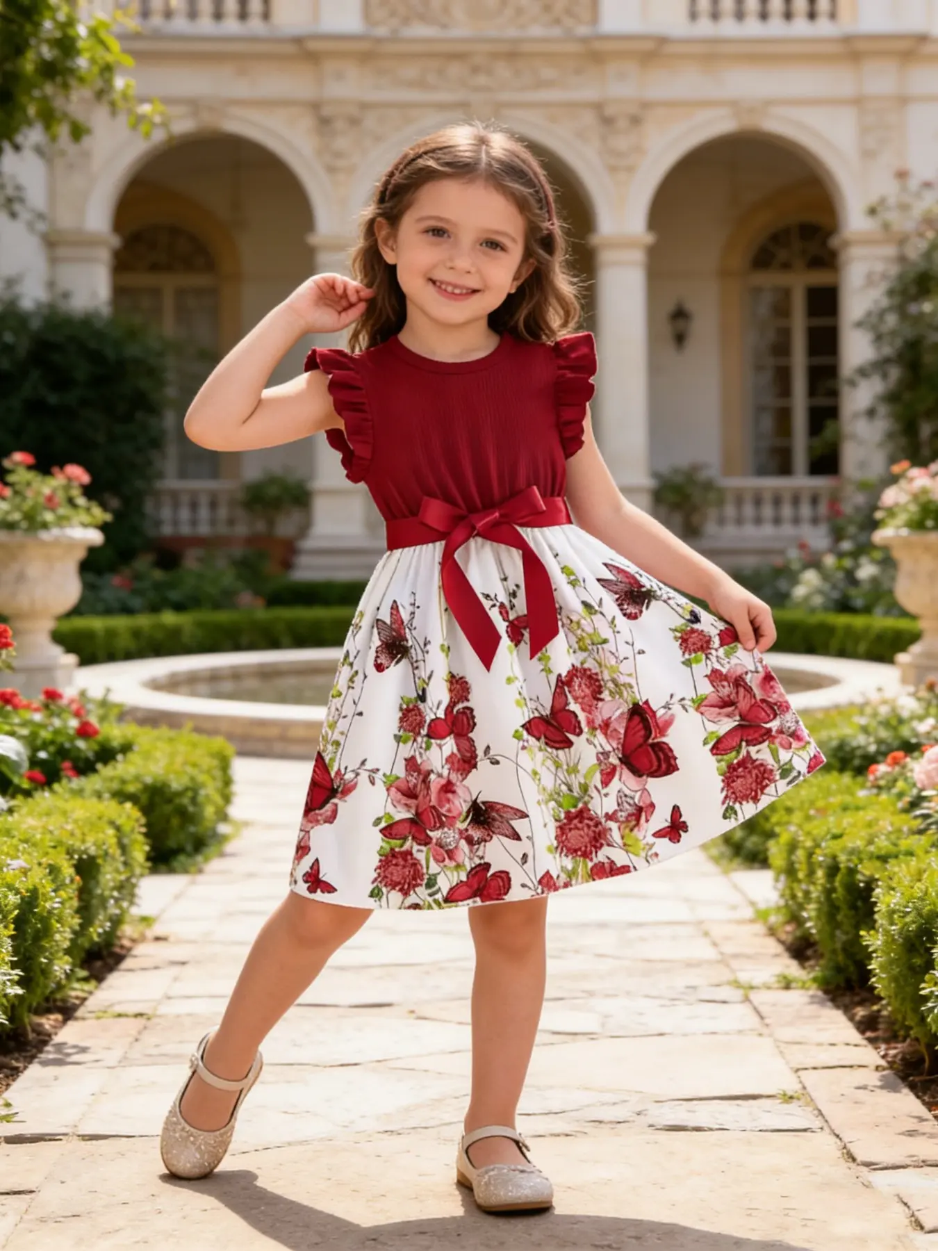 Red floral dress, Ruffled sleeve dress, Ruffle sleeves + giant bow + butterfly print Floral Printed Dress, Toddler Summer Dresses #girlsfashion #kidswear #floraldress #toddlerootd #mommyandme