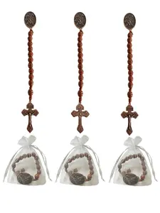 3PCS/10PCS/25PCS Saint Michael Archange Pocket Rosary Wooden Cross with Organza Bags, Handmade Rosary Beads Necklace, Catholic Christian Prayer Easter Gift