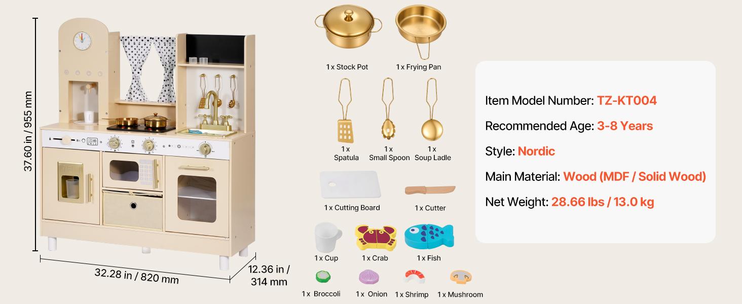 VEVOR Play Kitchen for Kids, Wooden, Kids Kitchen Playset with Realistic Lights & Sounds, Food & Cookware, Modern Style Pretend Play Toy Set, Ice Maker, Microwave, for Toddlers, Girls & Boys Ages 3-8