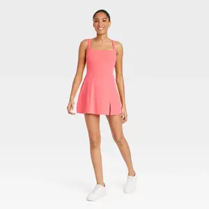 Women's Knit Squareneck Slit Active Dress - JoyLab Coral Orange XL: Built-in Shorts, Midweight, Pull-On
