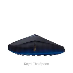Black-Blue Gradient Mule Slides, Gold Accent, Silver-Grey Cushioning Massage Outsole, Perforated Upper, Futuristic Tech Slides