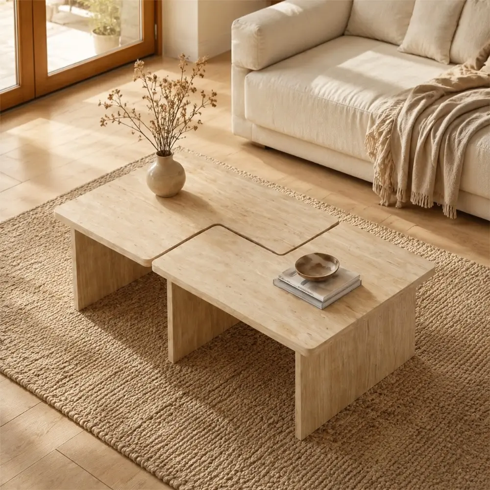 Littleox Modular Travertine Coffee Table Set of 2, Nesting L-Shaped Puzzle Center Table, Separable Side Corner Table for Apartment Small Spaces & Living Room,Cream Beige