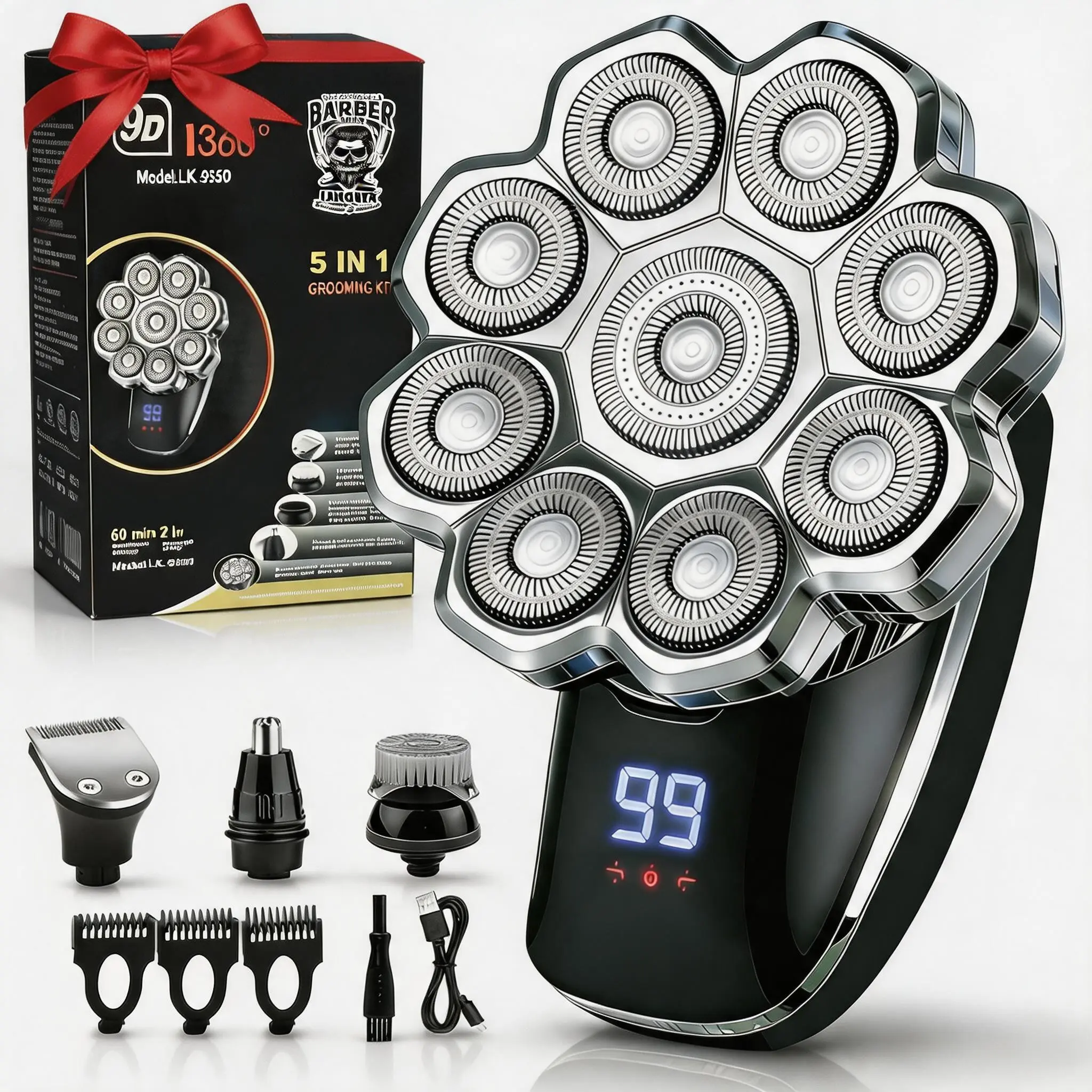 LARGNER-6 in 1 Electric Head Shaver, 1 Box Waterproof Wet/dry Grooming Shaver & Accessories, Cordless Rechargeable Bald Head Razor for Home & Travel Gift, Multifunctional Epilator