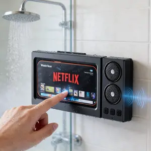 Phone waterproof case, Bluetooth speaker, waterproof 360° rotating touchscreen for movies and music, phone stand Bluetooth speaker audio shower TV stand, bathroom mount, pool, kitchen, bathroom