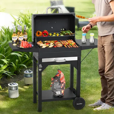 MASTER COOK Portable Freestanding Charcoal Grill - Metal Frame, 2 Side Tables, 332 SQIN Cooking Area, Open Flame Outdoor Barbeque Bbq Pit for Smoking Meats, Party, 332 SQIN for Groups (Black),familyfun