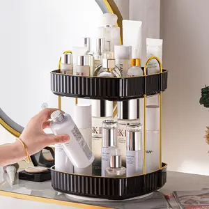 2 Tier Black Rotating Makeup Organizer Spinning Bathroom Countertop Large Capacity Cosmetics Skincare Storage for Vanity Dresser Table