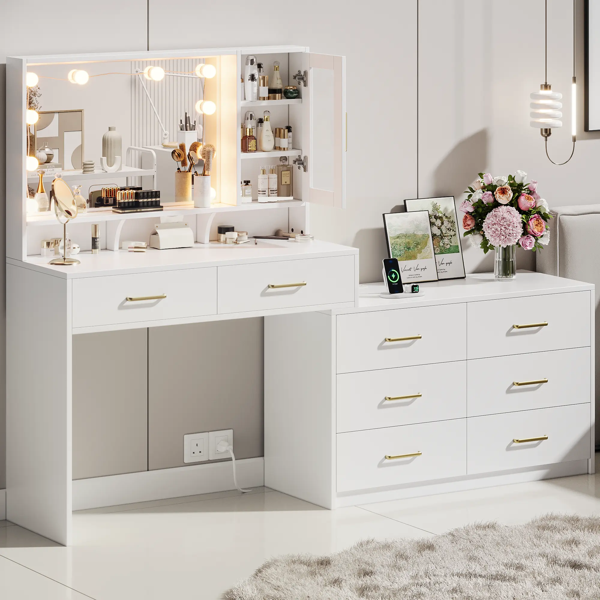 Large Vanity Desk with 3 Color Touch Screen Dimming Mirror,Vanity Desk with Charging Station,Modern Retractable Makeup Dressing Table,Vanity Table With storage shelves and 8 Sliding Drawers,White,Black,dorm essentials,home decor