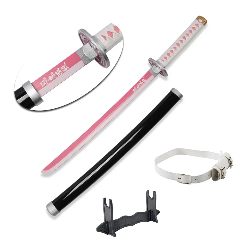 ELERVINO 1 x 31-in Unisex Plastic Demon Slayer Cosplay Sword (Kanao Kanawo) Wood Set, White Belt, Holder Stand Display for Halloween Anime Role-Playing Props, Christmas Decoration Gifts