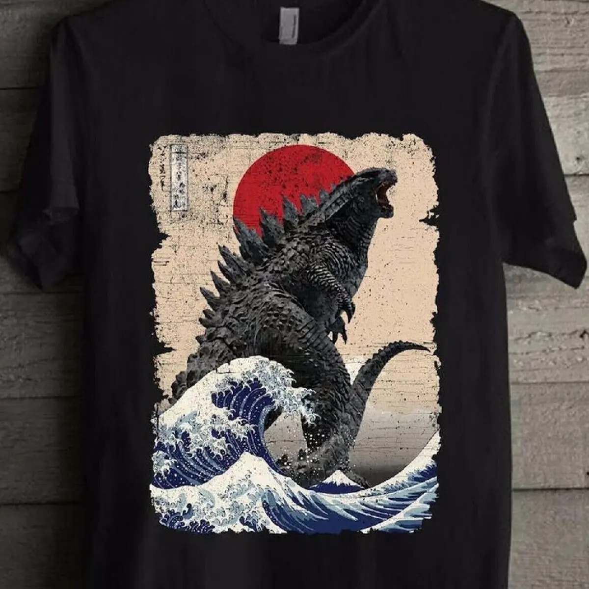 Vintage Japanese Godzilla Great Wave Graphic T-Shirt