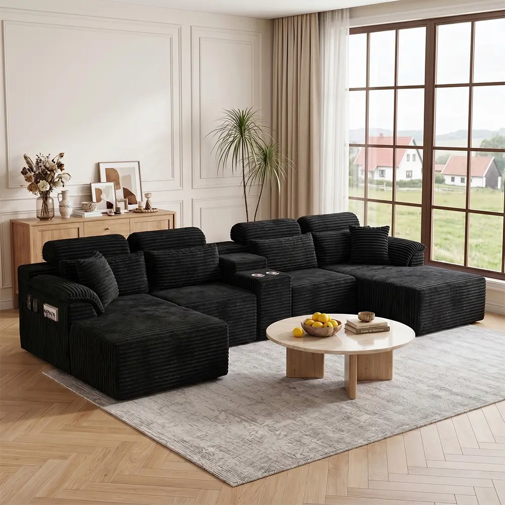 147" Oversized U Shaped Cloud Sectional Couches, Comfy Fluffy Corduroy Boneless Couch, Large Modular Sectional Sofa Set with Chaise, Cup Holder,Center console