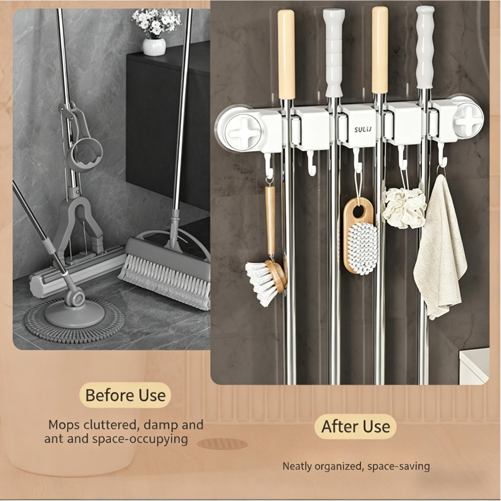 Wall Mounted Mop and Broom Holder, Self-Adhesive Organizer with 4 Racks and 5 Hooks for Kitchen, Bathroom, Closet