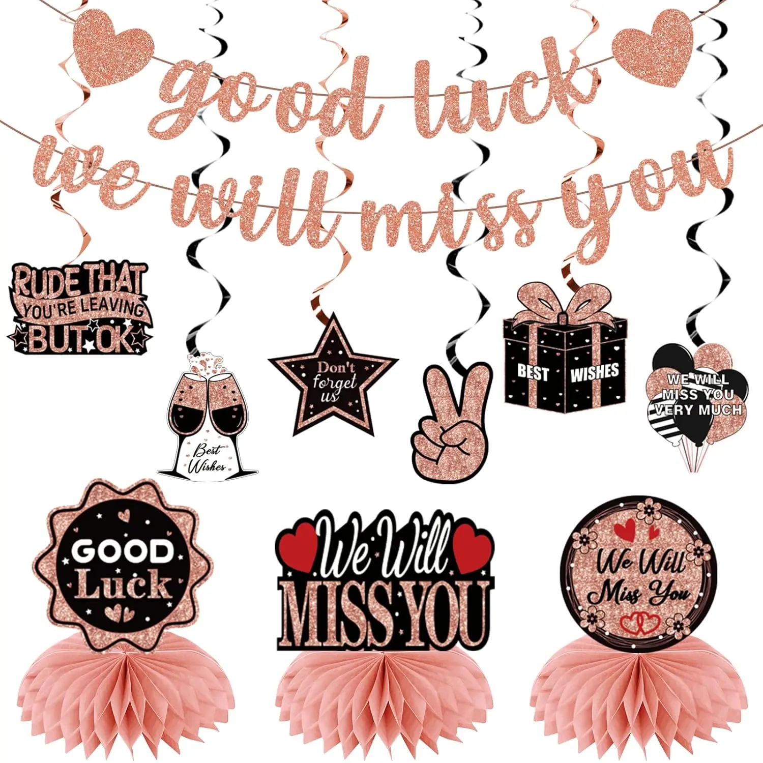Farewell Party Decor Set – Includes Banner, Table Centerpieces, and Hanging Swirls in Black and Rose Gold Perfect for Goodbye or Retirement Events