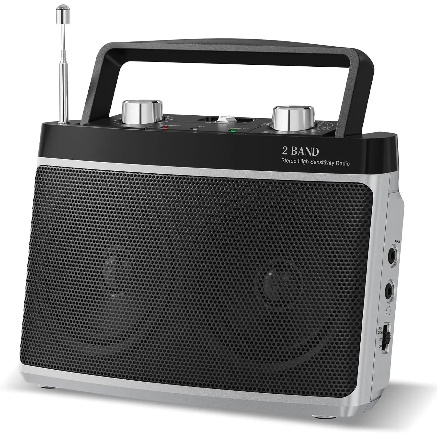 Portable AM FM Bluetooth Radio with 5W True Stereo Sound, Dual Speaker, AUX Input, Headphone Jack, AC & Battery Powered, Perfect for Home, Kitchen, Outdoors (Silver)