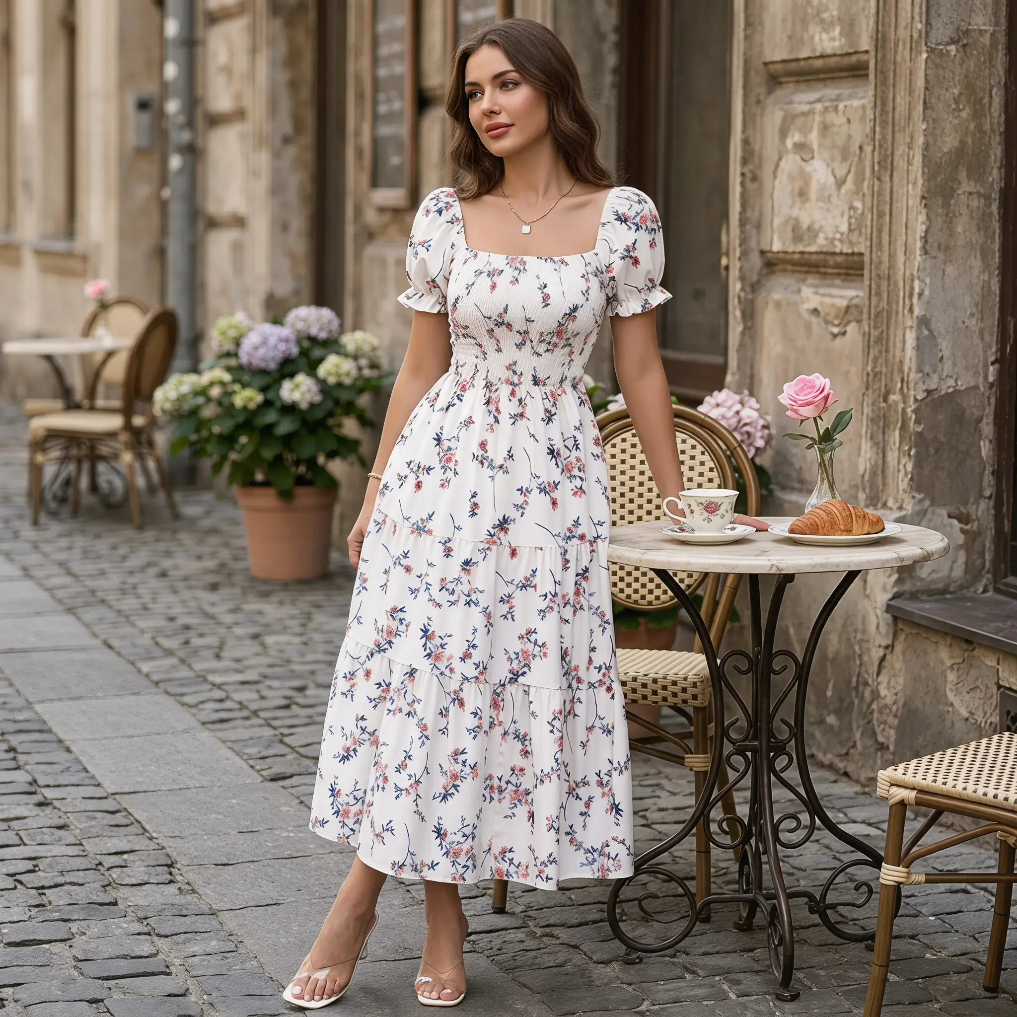 Women's Ditsy Floral Maxi Dress - Modest Bohemian Style with Square Neck and Short Sleeves, Casual Flowy Swing Gown for Islamic Clothing, Dresses, Casual Dresses Muslim Outfits