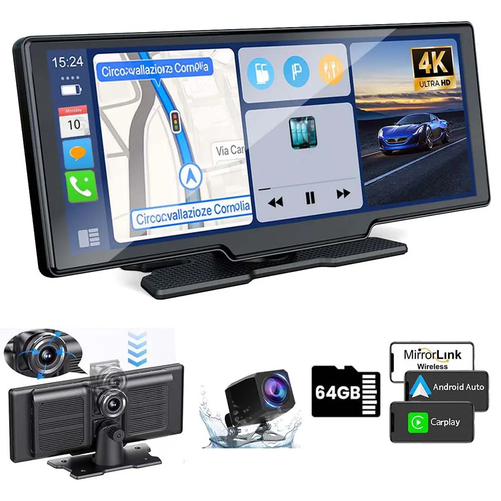 10.26 Inch Carplay & Android Auto Car Touch Stereo with 4K Front Dash Cam, 1080P Rear Camera, 64G TF Card, BT, GPS Navigation, Portable Carplay Screen for Cars