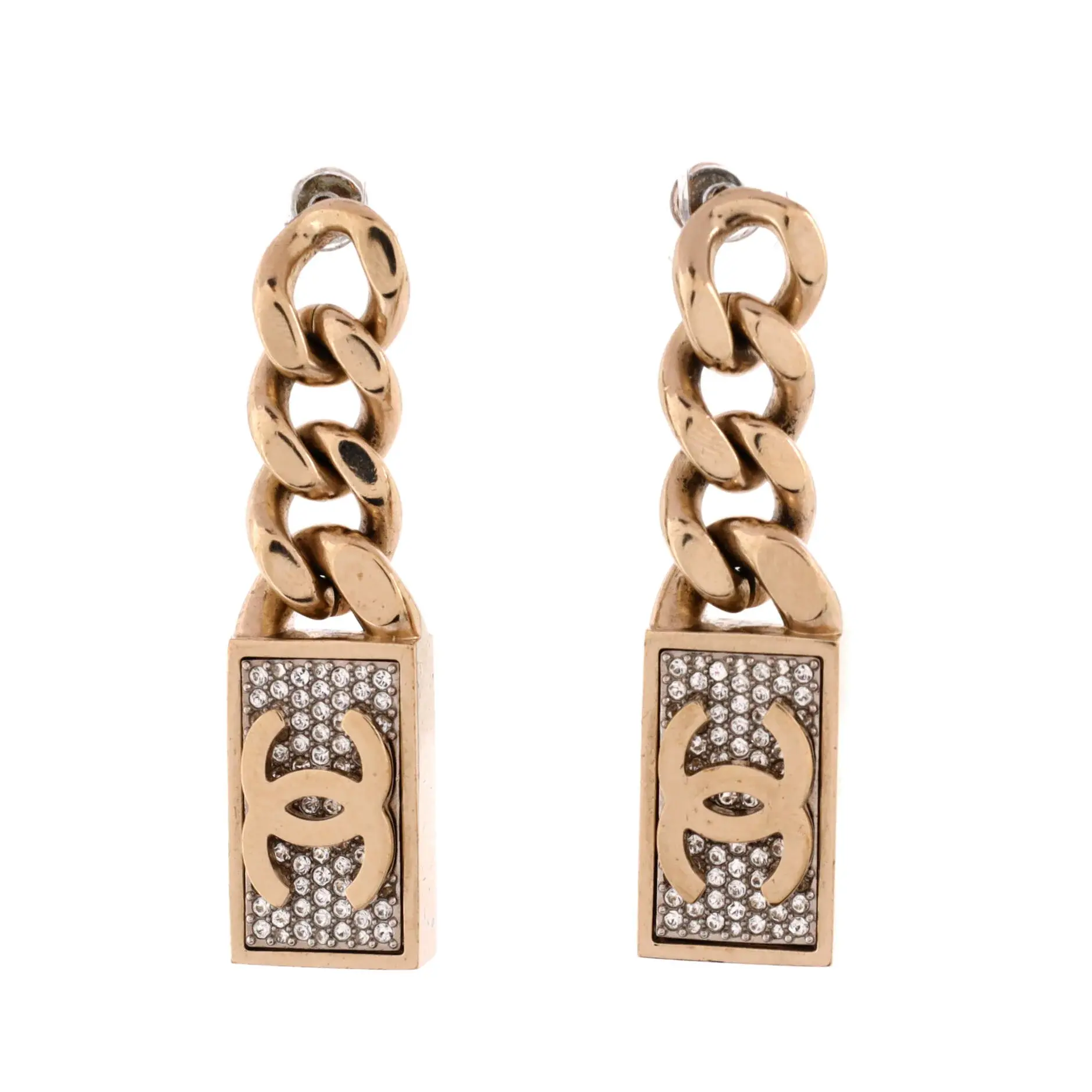 Pre-owned Chanel CC Dog Tag Charm Drop Earrings Metal with Crystals by Rebag