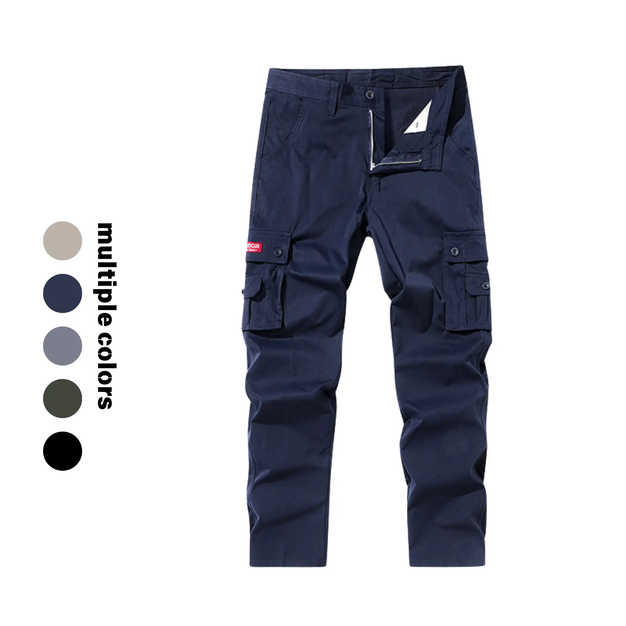 Men's Stylish Plain Polyester Cargo Pants, Mid Waist Straight-Fit Design with Multi-Pockets for All-Season Outdoor Work, Breathable