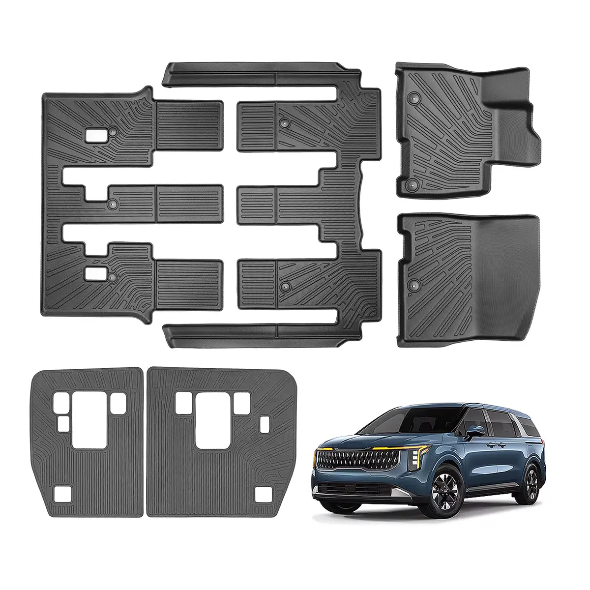 2022-2024 Kia Carnival 8-Seater - Car Floor Mats, 6-Pieces TPE Set , Front/Middle/Rear Cargo Liner & Back Protector, Waterproof, Wear-Resistant, Non-Slip
