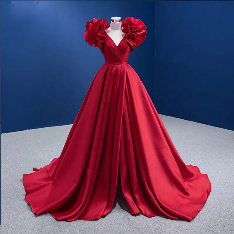 Red Satin Ruffle Flower Prom V-Neck Evening Party Bridal A-Line Wedding Dress