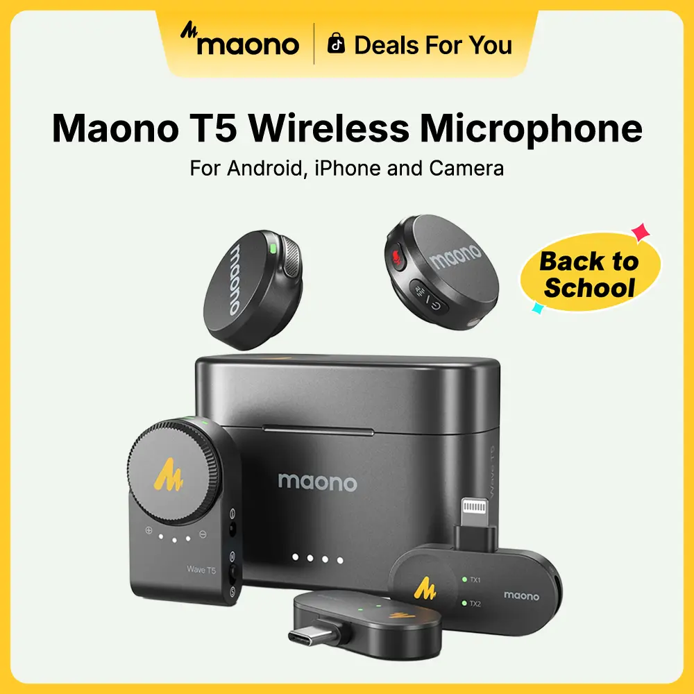 Maono T5 Cordless Clip-On Lavalier Microphone Vlogging Kit with Charging Box, Magnetic Charging, Audio Noise Reduction, Adjustable Cable, Compatible with PC Cameras, iPhones, USB Type-C/Lightning Android Phones for TikTok Streaming, Recording