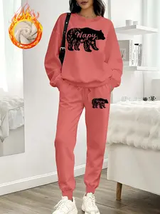 Women's Winter Casual Animal Print Hoodie & Sweatpants Set, Thick Fleece Lined Warm Two-Piece, Cozy Lamb Wool Tracksuit