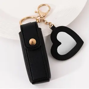 Pure Color PU Leather Lipstick Case, Fashion High Aesthetic Heart Mirror Keychain For Bags Kawaii, Portable Travel Accessory, Surprise Gift for Friends