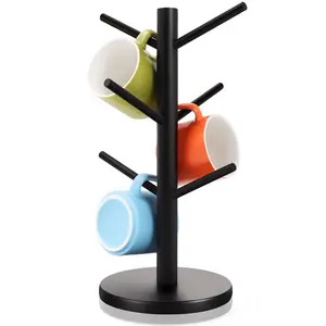 Mug Tree Coffee Cup Holder - Thicker Base, Sturdy Wood Design, 6 Hooks for Home Storage, Non-Slip Mug Rack for Smooth Organization