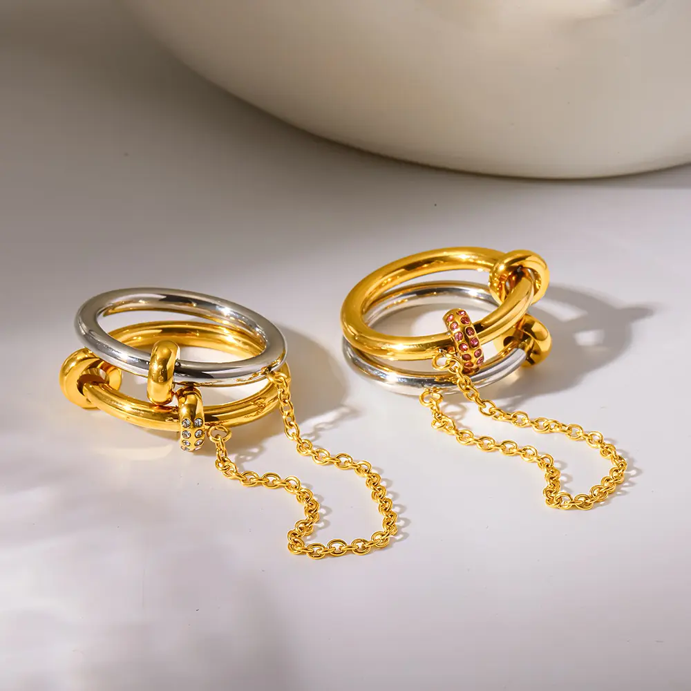 Unisex Gold-Silver Tone Interlocked Dangle Chain Ring - Pave Clear-Blush Pink Stone Stackable Band, Waterproof Anti-Tarnish, Crafted for Durability, Women's Casual Outfits Party Club Outings Costume Jewelry Accessory